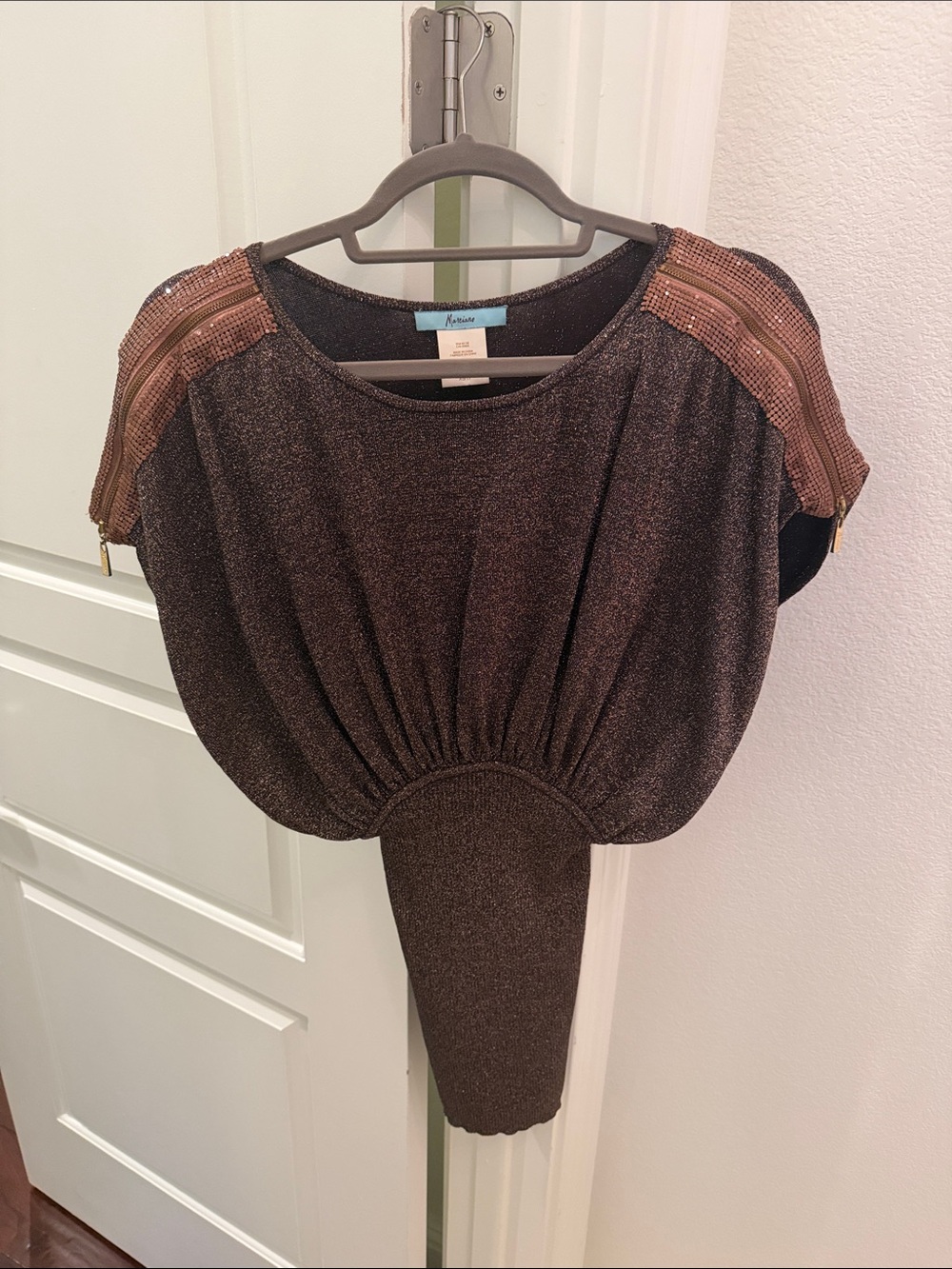 Marciano Metallic Brown Batwing Bodysuit with Copper Shoulder Zip Detail